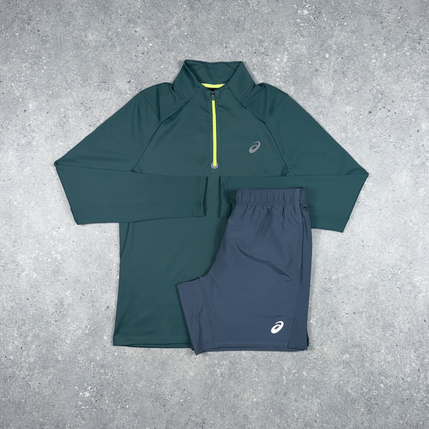 ASICS THERMA 1/4 ZIP SHORTS SET FOREST GREEN/GREY