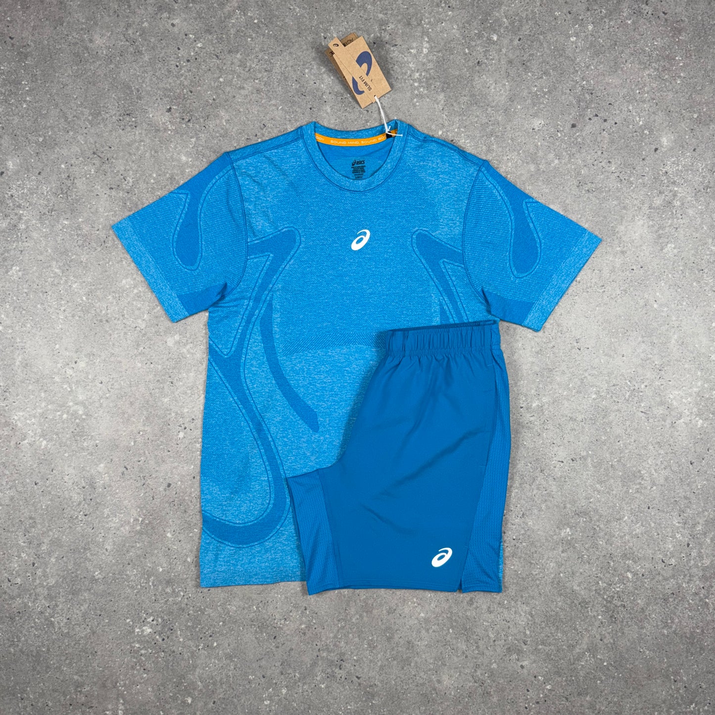 ASICS SEAMLESS T-SHIRT SHORTS SET AGEAN BLUE