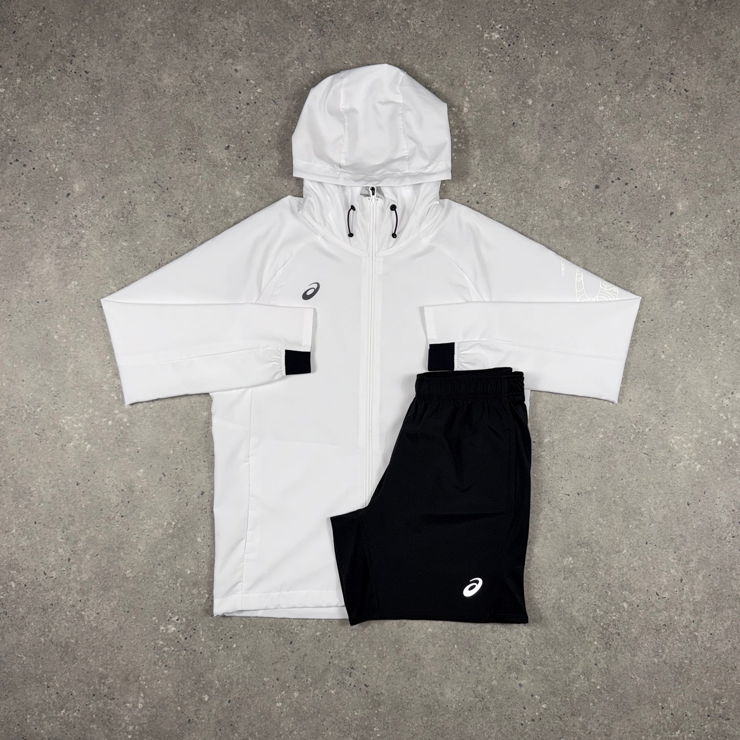 ASICS SPIRAL WINDRUNNER JACKET SHORTS SET WHITE/BLACK