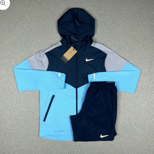 NIKE UV WINDRUNNER JACKET AQUARIUS BLUE & NAVY BLUE CHALLENGER SHORTS SET