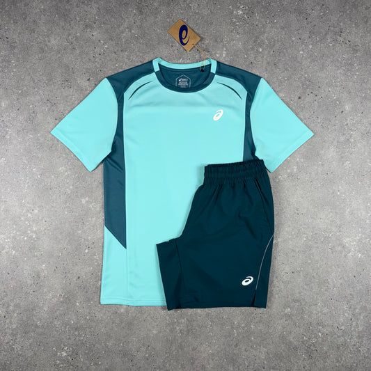 ASICS CURVED SEAM T-SHIRT SHORTS SET MINT/SAXON GREEN