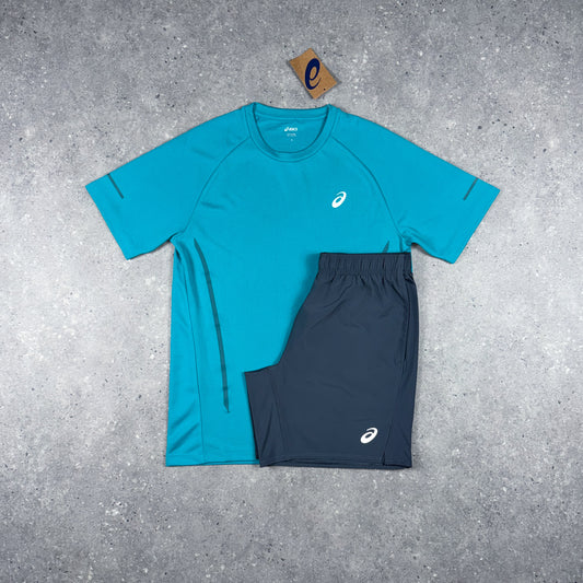 ASICS CURVE T-SHIRT SHORTS SET LAGOON BLUE/GREY