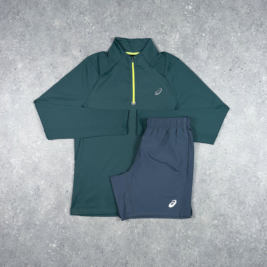 ASICS THERMA 1/4 ZIP SHORTS SET FOREST GREEN/GREY