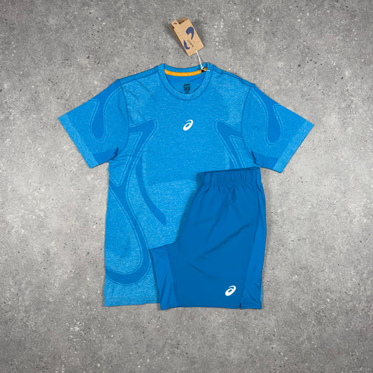 ASICS SEAMLESS T-SHIRT SHORTS SET AGEAN BLUE