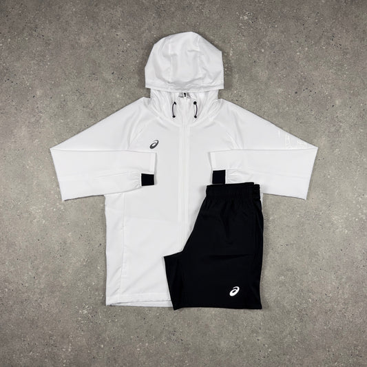 ASICS SPIRAL WINDRUNNER JACKET SHORTS SET WHITE/BLACK