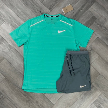 NIKE 1.0 MILER T-SHIRT MINT & GREY 5” FLEX STRIDE SHORT SET