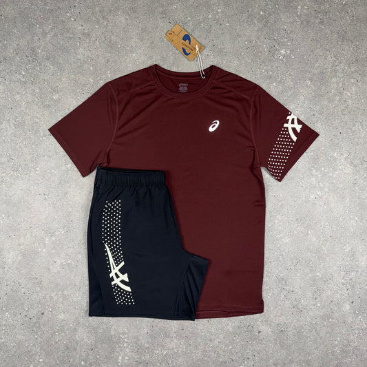 ASICS ICON T-SHIRT SHORTS SET MAROON/BLACK
