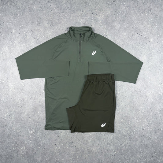 ASICS PACER 1/4 ZIP ICON SHORTS SET MANTLE GREEN
