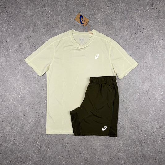 ASICS JACQUARD T-SHIRT SHORTS SET OYSTER WHITE/BROWN STONE