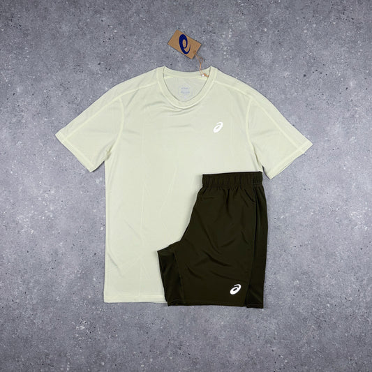 ASICS JACQUARD T-SHIRT SHORTS SET OYSTER WHITE/BROWN STONE